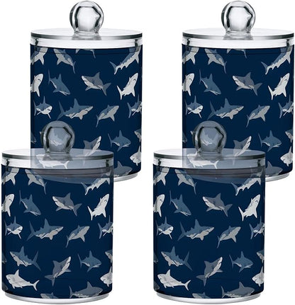 ALAZA 4pcs Dark Blue Shark Fish Qtip Holder Dispenser 14 oz Bathroom Storage Clear Apothecary Jars Containers Cotton Ball,Cotton Rounds,Floss Picks, Hair Clips, Food