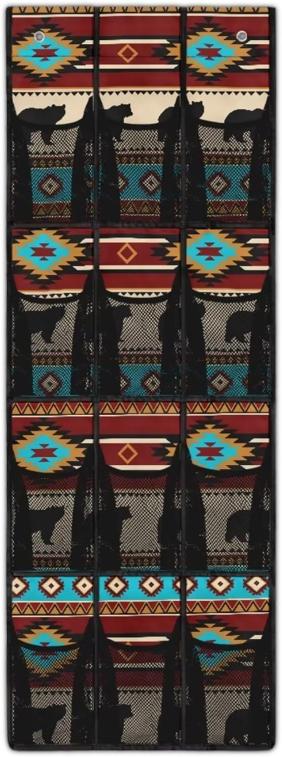 Ethnic Bear Over the Door Shoe Organizer 12 Large Mesh Pockets Foldable Shoe Rack for Door Hanging Shoe Organizer Shoe Holder