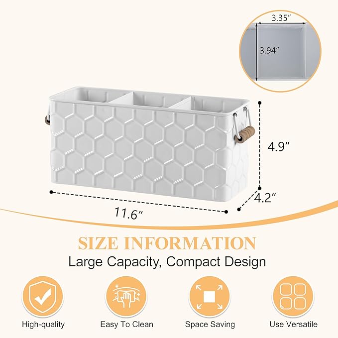 Silverware Caddy for Party Kitchen Flatware Holder for Countertop Metal White Honeycomb Pattern Embossed Cutlery Organizer with 3 Compartments for Utensils, Spoons, Knives, Forks, Cups,