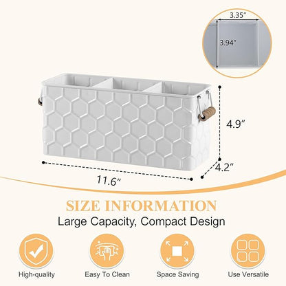 Silverware Caddy for Party Kitchen Flatware Holder for Countertop Metal White Honeycomb Pattern Embossed Cutlery Organizer with 3 Compartments for Utensils, Spoons, Knives, Forks, Cups,