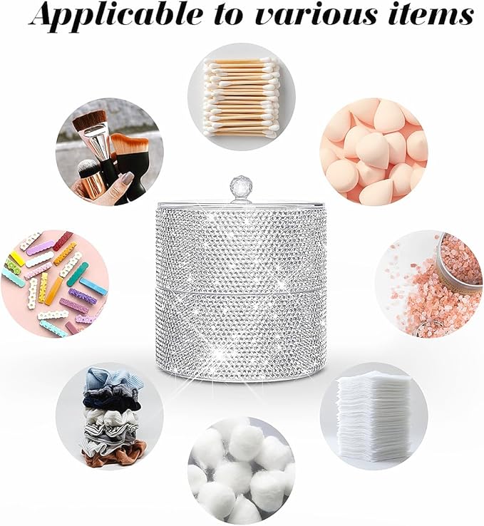 Bling Round Dispenser Stackable Apothecary Jar with Clear Lid ,Qtip Hold Bathroom Containers Cotton Ball & Swab Canister Vanity Organizer for Q-tip Cotton Round, Floss, Makeup Pads (2-Tier)