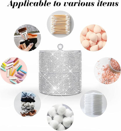 Bling Round Dispenser Stackable Apothecary Jar with Clear Lid ,Qtip Hold Bathroom Containers Cotton Ball & Swab Canister Vanity Organizer for Q-tip Cotton Round, Floss, Makeup Pads (2-Tier)