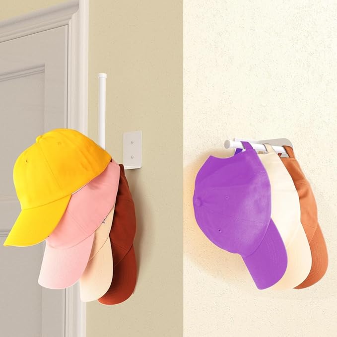 2 Pack Hat Racks for Baseball Caps, Stainless Steel Hat Organizer, Hat Holder Storage, Hat Hanger with Strong Adhesive/Wall Drilled for Door, Bedroom, Closet, Black 6 in, White