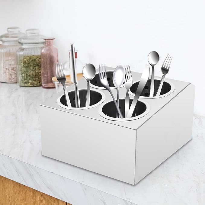 Commercial 4-Hole Flatware Cylinder Holder with Cups, 4-Compartment Stainless Steel Cylinder Flatware Silverware Caddy Utensil Holder Organizer Canddy Countertop for Restaurant Kitchen