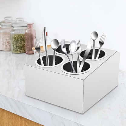 Commercial 4-Hole Flatware Cylinder Holder with Cups, 4-Compartment Stainless Steel Cylinder Flatware Silverware Caddy Utensil Holder Organizer Canddy Countertop for Restaurant Kitchen