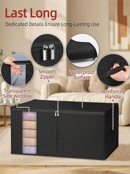 90L King Size Comforter Storage Bag w/Rigid Panels, Large Blanket Organizer for Closet, Stackable & Foldable Container w/Clear Window & Smooth Zippers for Bedding Sets/Clothes, 2 Pack, Black