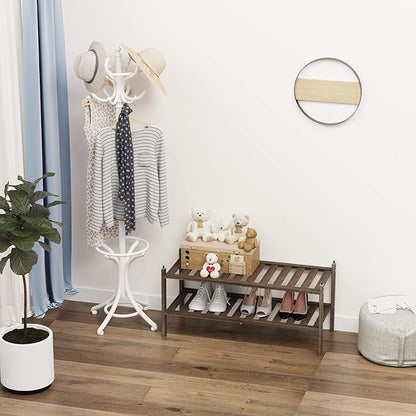 Dranixly Bamboo 2-Tier Shoe Rack Stackable Shelf Storage Organizer for Entryway, Hallway and Closet, 27.2"x11"x13.2" (Mocha)