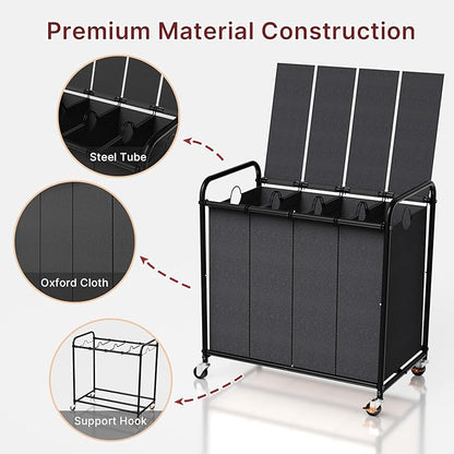 180L Laundry Sorter 4 Section – Heavy Duty Rolling Laundry Basket with Lockable Wheels and Lid, 4 Large Separate Removable Bags, Laundry Hamper Cart for Laundry Room Organizer (Black)