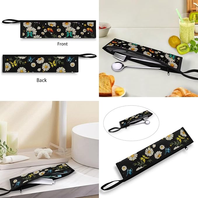 COEQINE Black Utensil Holder Small Foldable Flatware Organizer for Travel Work Portable Handles Silverware Bag Portable Leafproof Tableware Storage Bag With Zipper,Daisy Butterfly
