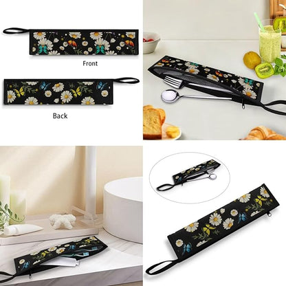 COEQINE Black Utensil Holder Small Foldable Flatware Organizer for Travel Work Portable Handles Silverware Bag Portable Leafproof Tableware Storage Bag With Zipper,Daisy Butterfly