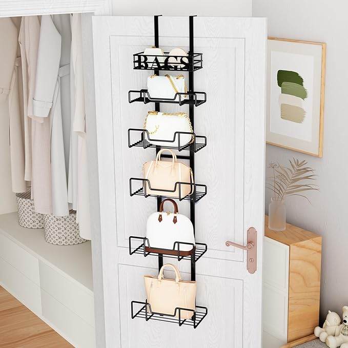 HapiRm Over Door Purse Organizer - Adjustable Purse Storage Rack with Bags Design Metal Basket, Wall Mounted Handbag Organizer, Hanging Handbag Holder, Can Use As 1/2 Part Detachable
