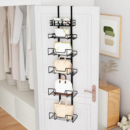 HapiRm Over Door Purse Organizer - Adjustable Purse Storage Rack with Bags Design Metal Basket, Wall Mounted Handbag Organizer, Hanging Handbag Holder, Can Use As 1/2 Part Detachable