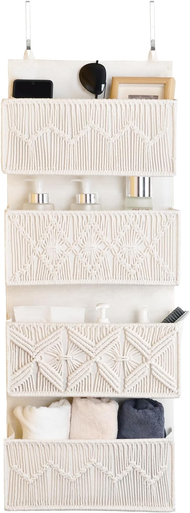 janebeauties Over the Door Organizer Macrame Boho Nursery Storage with 4 Large Woven Pockets, Hanging Basket for Bathroom, Nursery & Closet Doors, Behind the Door Storage Organizer, Cream White