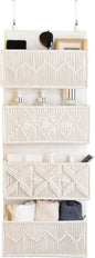 janebeauties Over the Door Organizer Macrame Boho Nursery Storage with 4 Large Woven Pockets, Hanging Basket for Bathroom, Nursery & Closet Doors, Behind the Door Storage Organizer, Cream White