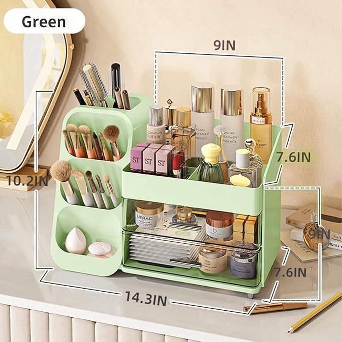 Makeup Organizer with Drawers,Large Capacity Countertop Organizer for Vanity,Bathroom and Bedroom Desk Cosmetics Organizer,Easy To Storage Skincare,Brushes,Lotions (Green)
