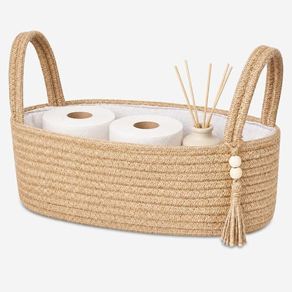 ABenkle Small Storage Basket, Jute Rope Woven Toilet Paper Tray Organizer for Toilet Tank Top, Boho Bathroom Decor Holder for Shelf Bedroom Living Room -13x6x4 Inches