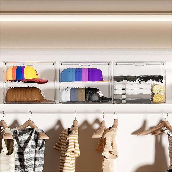 Clear Hat Box Storage, Baseball Cap Organizer for Baseball Caps, Hat Acrylic Display Case with Removable Compartment, Plastic Stackable Hats Holder Organizer Box with Magnetic Lid, 1 Pack