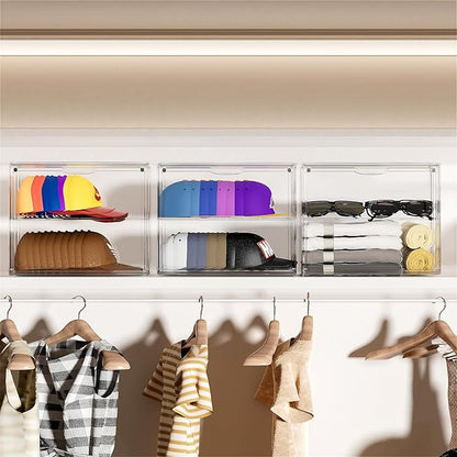 Clear Hat Box Storage, Baseball Cap Organizer for Baseball Caps, Hat Acrylic Display Case with Removable Compartment, Plastic Stackable Hats Holder Organizer Box with Magnetic Lid, 1 Pack