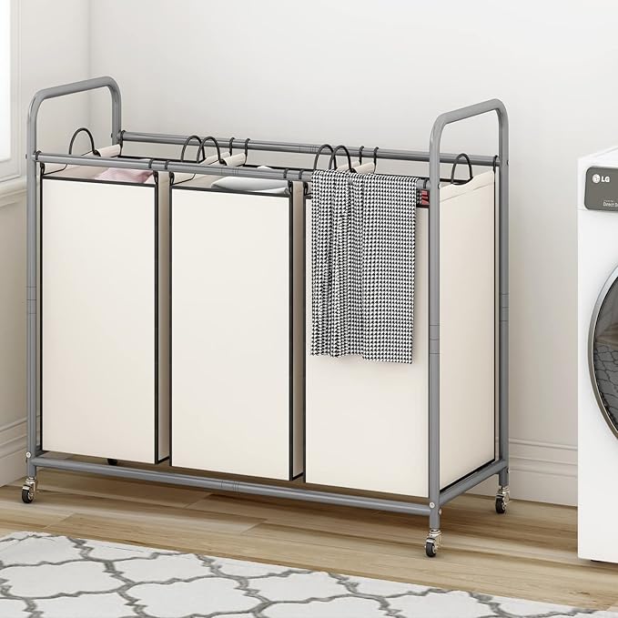 LINZINAR 3-Bag Laundry Sorter,Laundry Hamper Cart with Heavy Duty Rolling Lockable Wheels and Removable Bags (Beige)