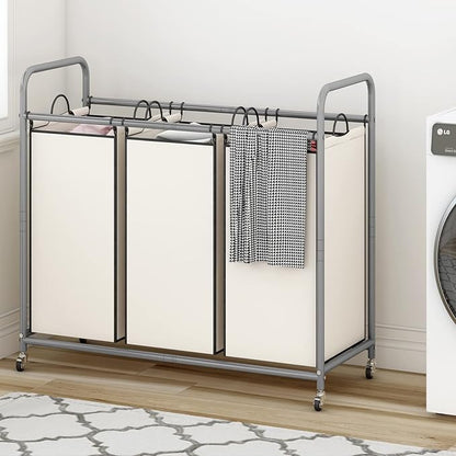 LINZINAR 3-Bag Laundry Sorter,Laundry Hamper Cart with Heavy Duty Rolling Lockable Wheels and Removable Bags (Beige)
