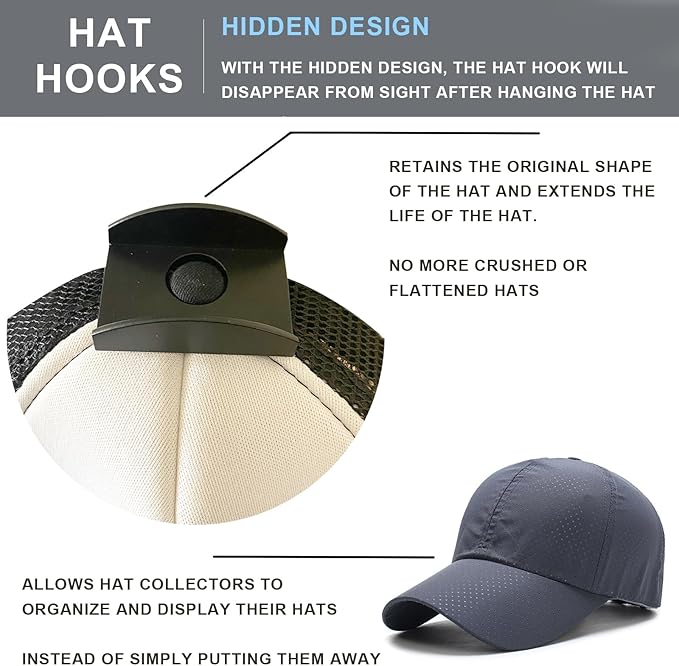 Adhesive Hat Hooks for Wall (20-Pack) No Drilling Caps Holder Organizer Minimalist Hat Rack Design Wall Mounted Hat Rack for Men Trucker Hat (BLACK)