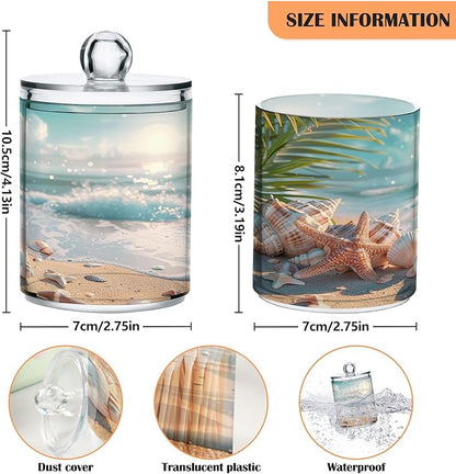 2 Pack Qtip Holder Dispenser Beach Seashell Pattern 10 Oz Bathroom Organizer with Lids Storage Canister for Cotton Ball,Cotton Swab,Cotton Round Pads,Floss