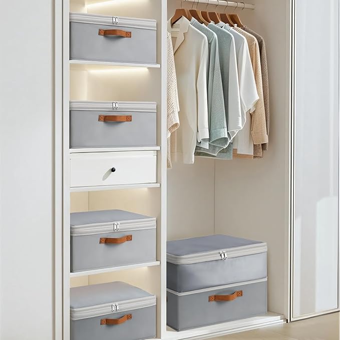 Homosorout Large Closet Storage Bins - Compression Organizer Bins, Stackable Closet Organizer, Expandable Under Bed Storage Containers for Clothes, Towels, Sheet, 4 Pack, Grey