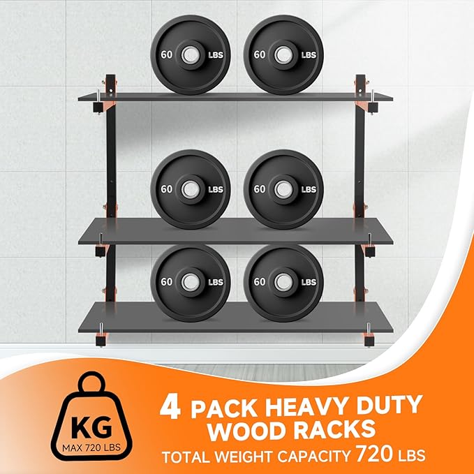 4 Pack Lumber Rack Wall Mount, Heavy Duty Wood Storage Racks, 6-Level System Organizer Shelving, 720 LBS Capacity Hanging Garage Shelves, Orange Brackets Utility Metal Shelf for Indoor and Outdoor