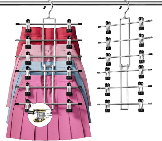 DAMITA Skirt Pants Hangers with Clips Space Saving Hanging Closet Organizer 6 Tiers Hanger with 360° Swivel Hook, Finger-Safe Design- College Dorm Room Apartment Essentials 1-Pack