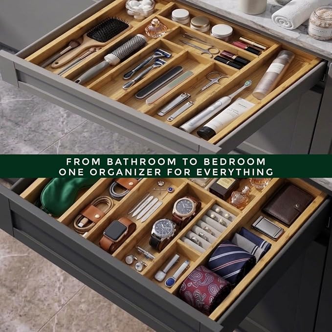 Bamboo Drawer Organizer, Expandable 8-Slot Silverware & Utensil Tray for Kitchen Drawers, Fits 13–19.5 Inch Drawers, Deep Compartments, Durable & Eco-Friendly Natural Bamboo