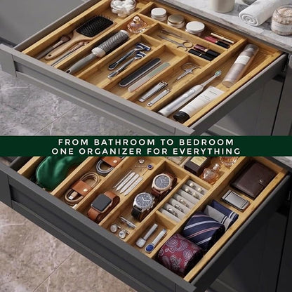 Bamboo Drawer Organizer, Expandable 8-Slot Silverware & Utensil Tray for Kitchen Drawers, Fits 13–19.5 Inch Drawers, Deep Compartments, Durable & Eco-Friendly Natural Bamboo