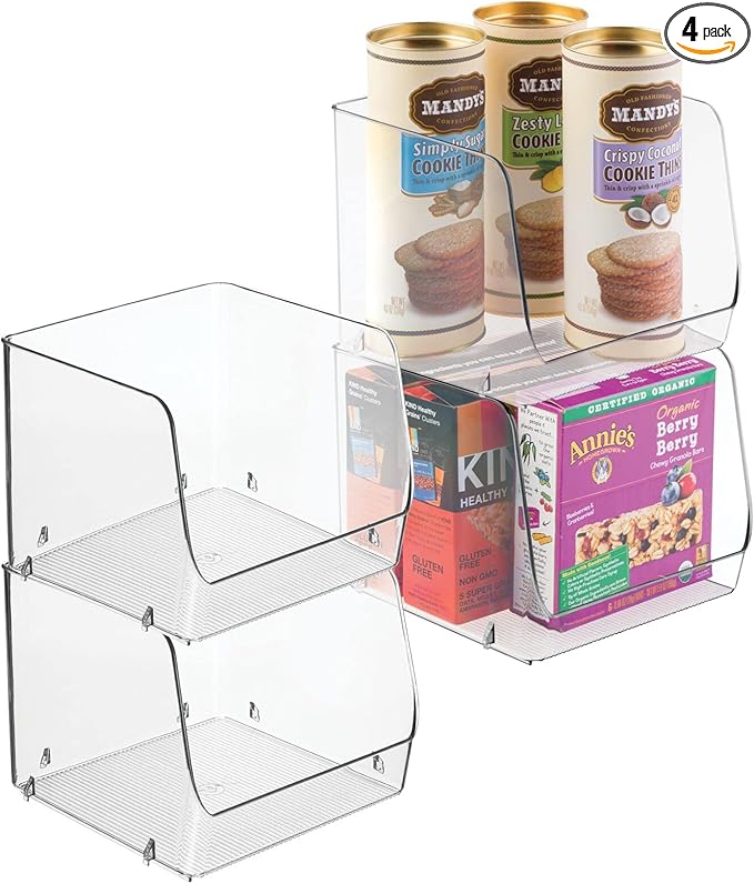 mDesign Modern Stackable Plastic Open Front Dip Storage Organizer Bin Basket for Kitchen Organization - Shelf, Cupboard, Cabinet, and Pantry Organizing Decor - Ligne Collection - 4 Pack - Clear