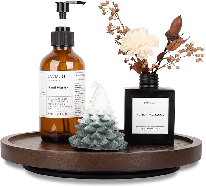 Wood Lazy Susan Organizer Kitchen Turntable for Cabinet Farmhouse Bathroom Decor Round Decorative Tray for Vanity, Counter, Sink, Coffee Table, 10 Inch, Walnut