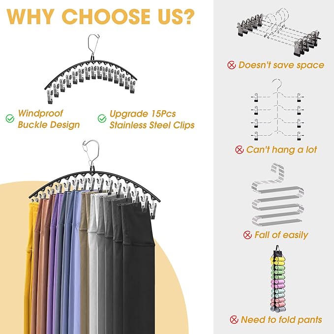 Upgrade Skirt Pants Hangers with Clips, Metal Legging Organizer for Closet with 15 Cilps Holds 60 Leggings/Shorts/Jeans/Skirts Pants Hangers Space Saving Closet Organizers and Storage, Black 4Pack