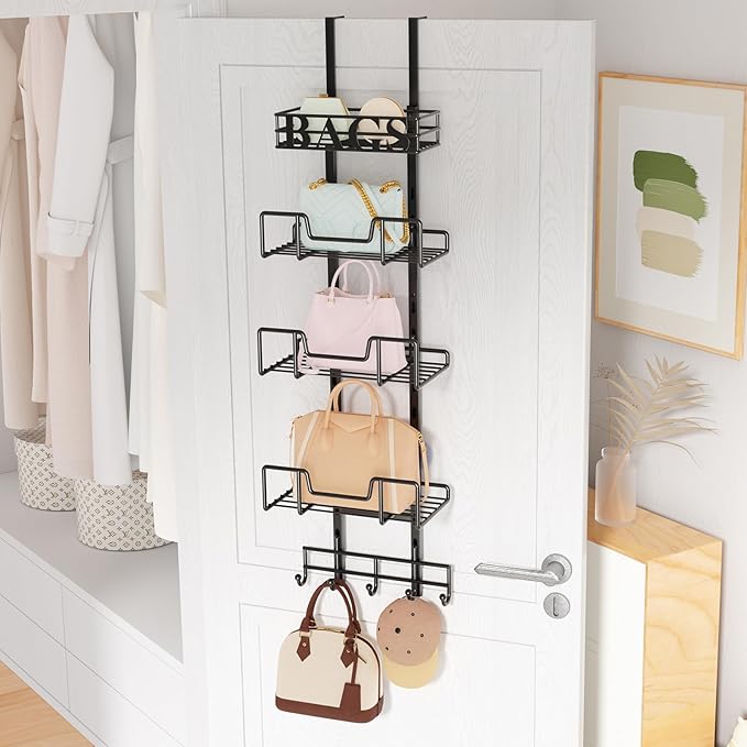 HapiRm Over Door Purse Organizer - Adjustable Purse Storage Rack with Bags Design Metal Basket, Wall Mounted Handbag Organizer, Hanging Handbag Holder, Can Use As 1/2 Part Detachable