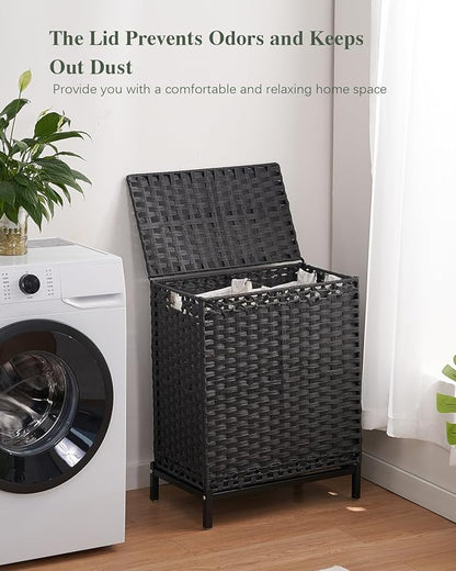 SETVSON Laundry Hamper with Lid, 112 L Handwoven Rattan Wicker Laundry Basket, 2 Removable Liner Bags Metal Heightened Feet, 6 Mesh Bags, 2 Section Large Clothes Hamper for Bathroom Bedroom, Black