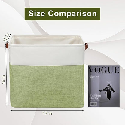 Bagnizer Large Fabric Storage Baskets | 50L Storage Bins, Decorative Linen Closet Baskets with Handles for Organizing, Shelf, Toys, Clothes, Home, Office, Nursery, 17x12x15Inches (Green&White)
