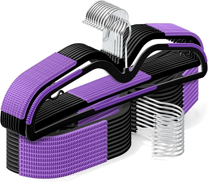 LemonRoad 36 Pack Short Neck Hangers, Upgraded Non-Slip Plastic Hangers Lifts Clothes 3" Higher, Space Saving 360 Swivel Hook for Closet Organizer, Shirts Jackets Dresses, Smooth (Black Purple)