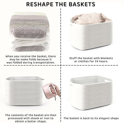 4 Pack Storage Baskets for Organizing, 12''Lx9''Wx8''H Woven Baskets for Storage Toys, Towels, Books, and Clothes, Cotton Rope Basket for Shelves with Handle White & Brown
