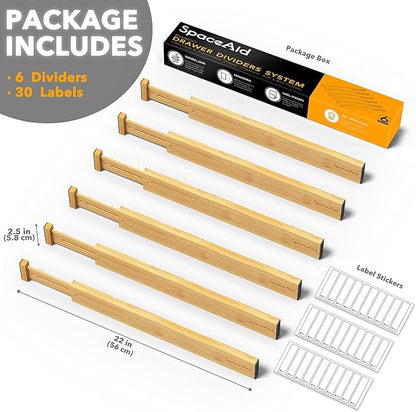 SpaceAid Bamboo Drawer Dividers with Labels, Kitchen Adjustable Drawer Organizers, Expandable Organization for Home, Office, Dressers and Bathroom, 6 Dividers (17-22 in)