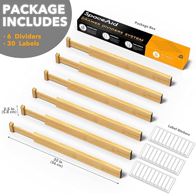 SpaceAid Bamboo Drawer Dividers with Labels, Kitchen Adjustable Drawer Organizers, Expandable Organization for Home, Office, Dressers and Bathroom, 6 Dividers (17-22 in) (Pack of 2)