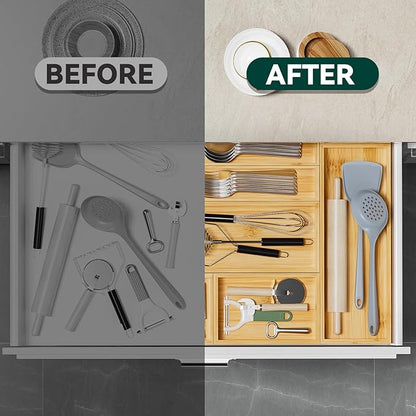 Lixple Bamboo Kitchen Drawer Organizer, Stackable Utensil Holder Silverware Organizer Cutlery Tray - 2PCS Organizer Bins for Makeup Jewelries Flatware in Bathroom, Office Desk, Cabinets, 15x6x2 inch