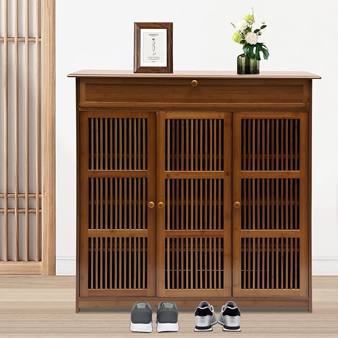 4-Tier Free Standing Shoe Rack with 3 Doors, 25 Pairs Shoe Storage Cabinet Shoe Rack Organizer for Entryway (Brown)