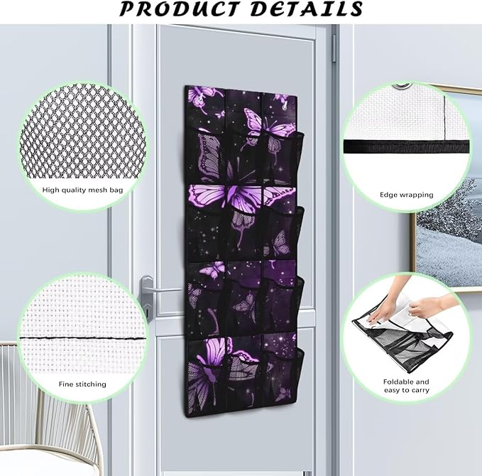 Generic Purple Butterfly Door Storage Organizer Elastic Over The Door Pantry Organizer Spandex Fabric Is Not Only Flexible But Also Allows The Bag to Fit Into Any Space Behind The Door
