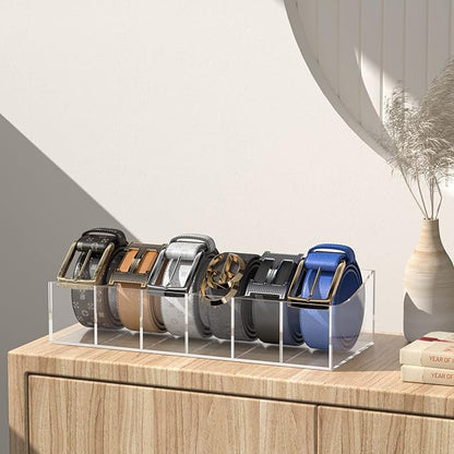 Belt Organizer, Acrylic Belt Storage Holder for The Closet and Drawer, 6 Compartments Belt Container Clear Display Case for Tie and Bow Tie