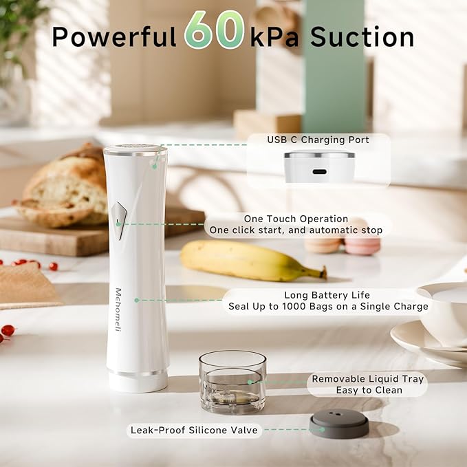 Mehomeli Compact Vacuum Sealer for Food (Vacuum Sealer Machine + 10 Reusable Vacuum Bags), Powerful Handheld Vacuum Sealer Machine, Seal Food 6X Fresh Longer, Portable & Wireless, Easy-Clean
