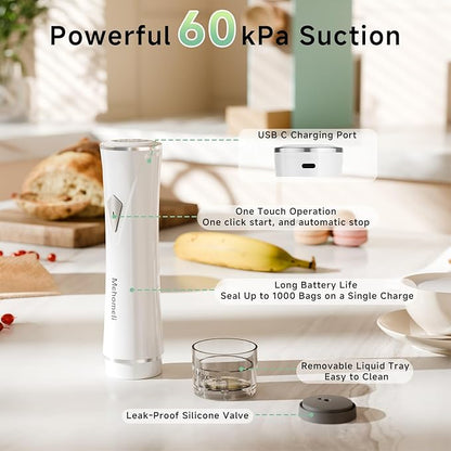 Mehomeli Compact Vacuum Sealer for Food (Vacuum Sealer Machine + 10 Reusable Vacuum Bags), Powerful Handheld Vacuum Sealer Machine, Seal Food 6X Fresh Longer, Portable & Wireless, Easy-Clean