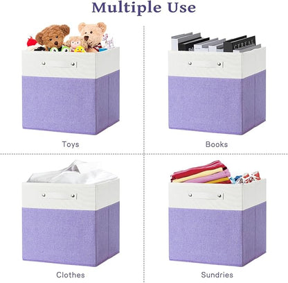 FinishingBo 13 x 13 Inch Fine Linen Storage Bins with Handles，Fabric Cube Boxs，Basket Organizers for Shelves for Home, Closet Drawers (White/Purple-4 Pack)