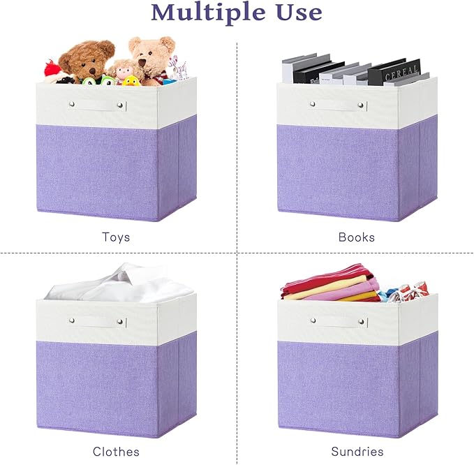 FinishingBo 13 x 13 Inch Fine Linen Storage Bins with Handles，Fabric Cube Boxs，Basket Organizers for Shelves for Home, Closet Drawers (White/Purple-6 Pack)