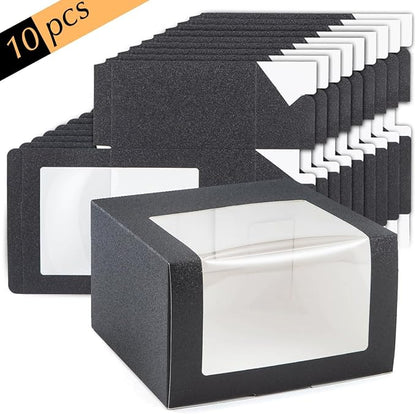 LADYBRO 10 Pack 7.8" x 7.8" x 4.8" Black Gift Boxes with Window Display for Hat Storage Containter for Baseball Caps (Fitted, Snapbacks, Trucker) (Glitter Black, 7.8" x 7.8" x 4.8")